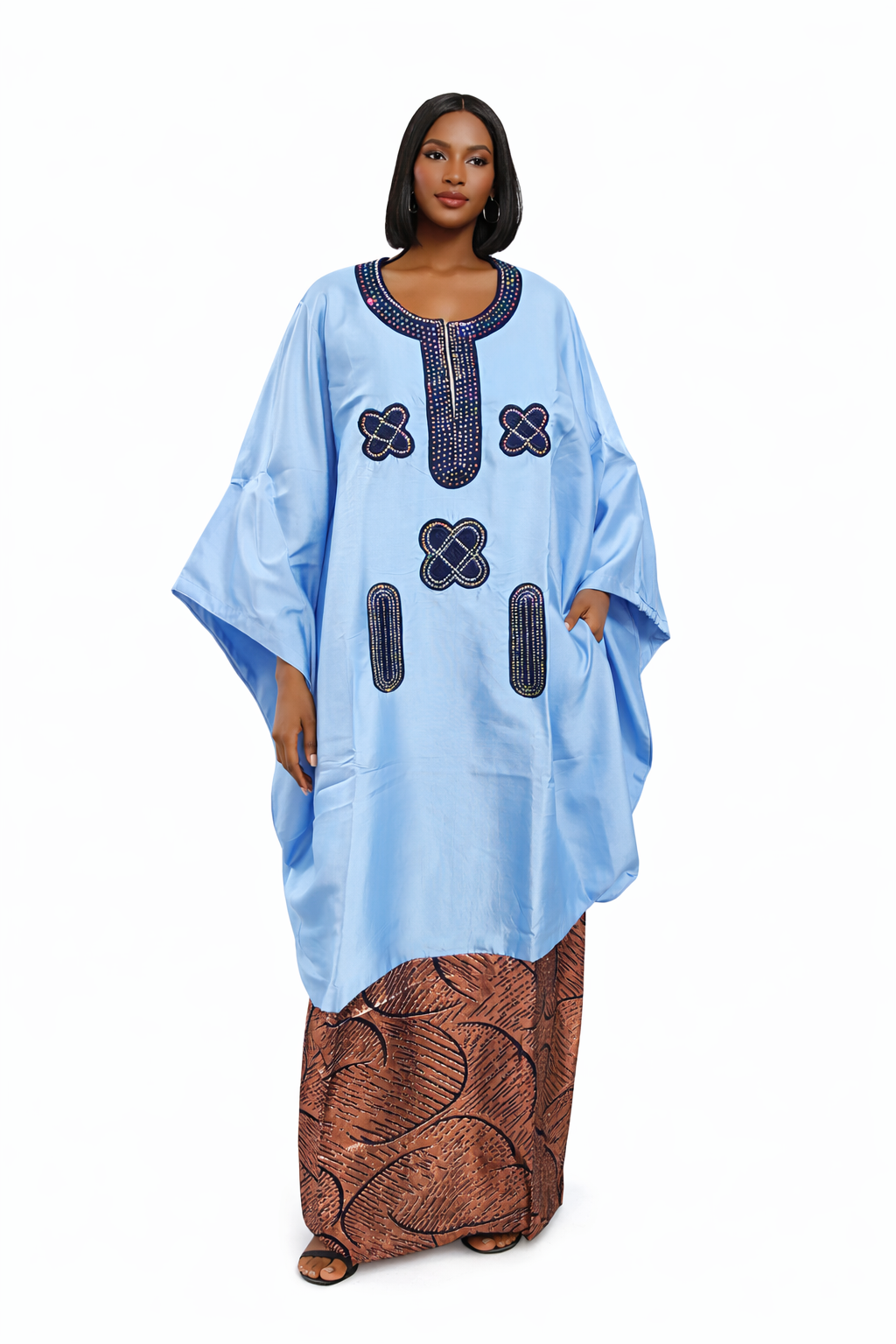 Elegant African Kaftan Dress for Women | Luxury Embroidered Boubou with Pockets