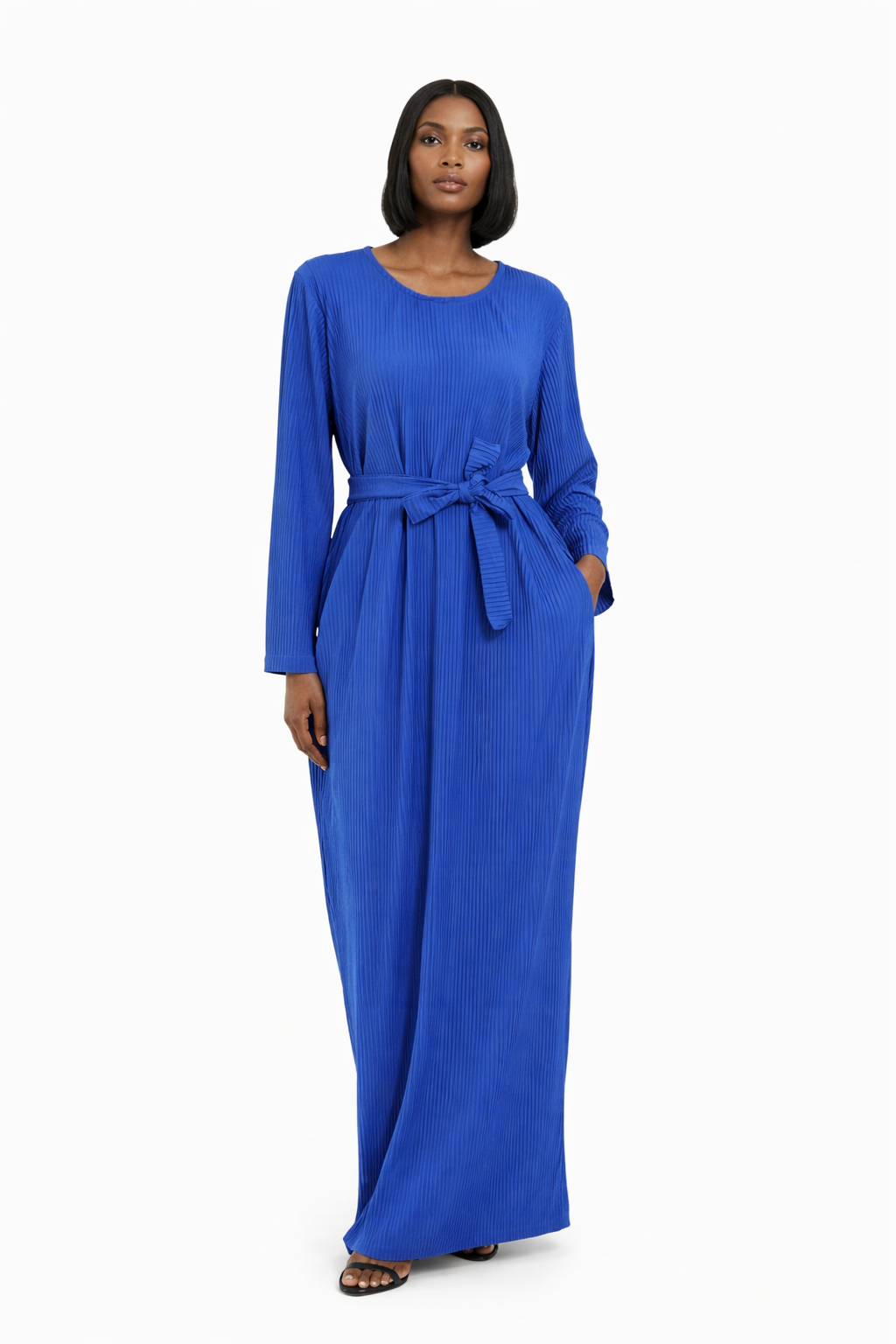 Elegant Long Maxi Dress for Women | Pleated Modest Dress with Waist Tie & Pockets