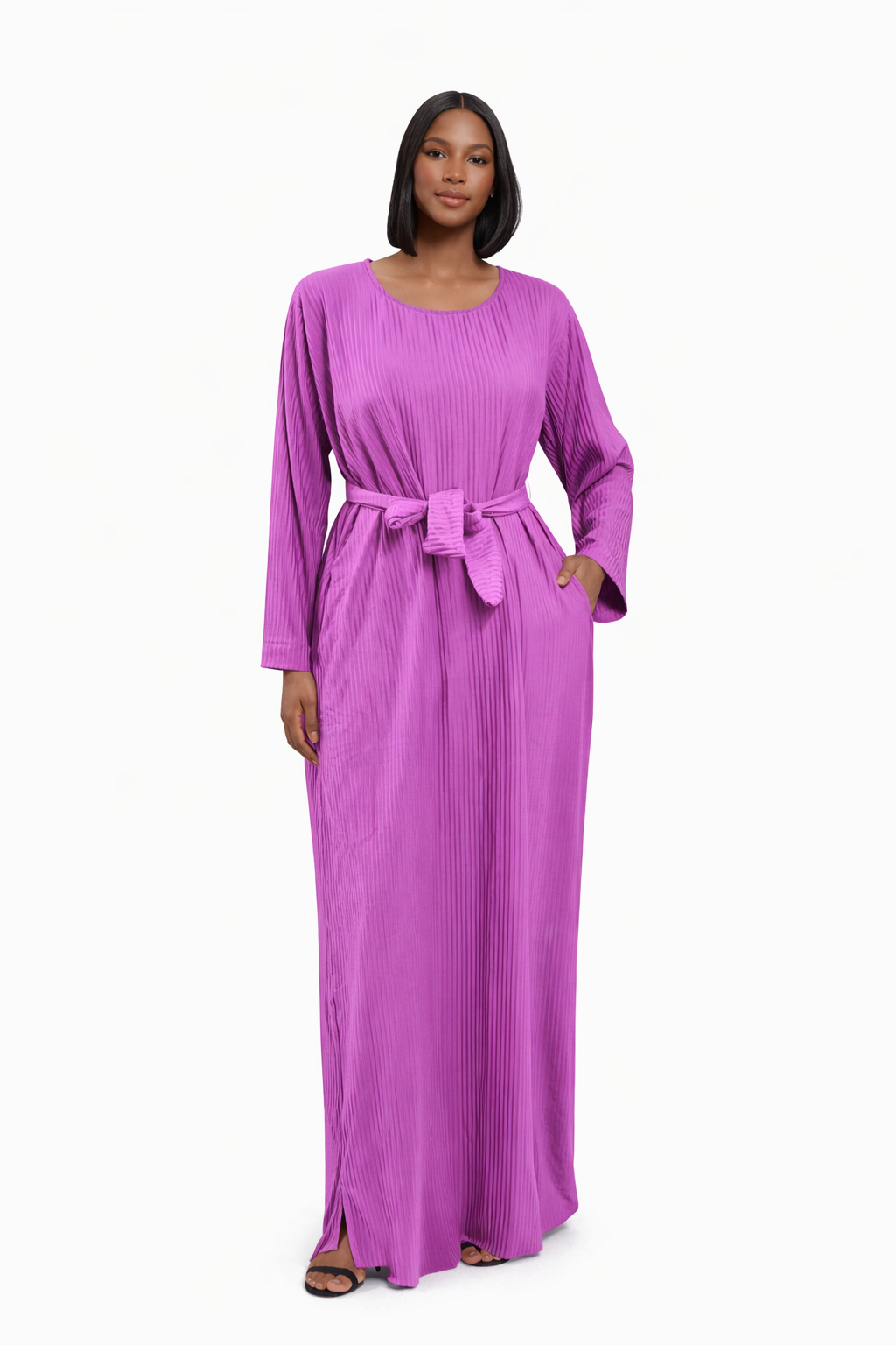Elegant Long Maxi Dress for Women | Pleated Modest Dress with Waist Tie & Pockets