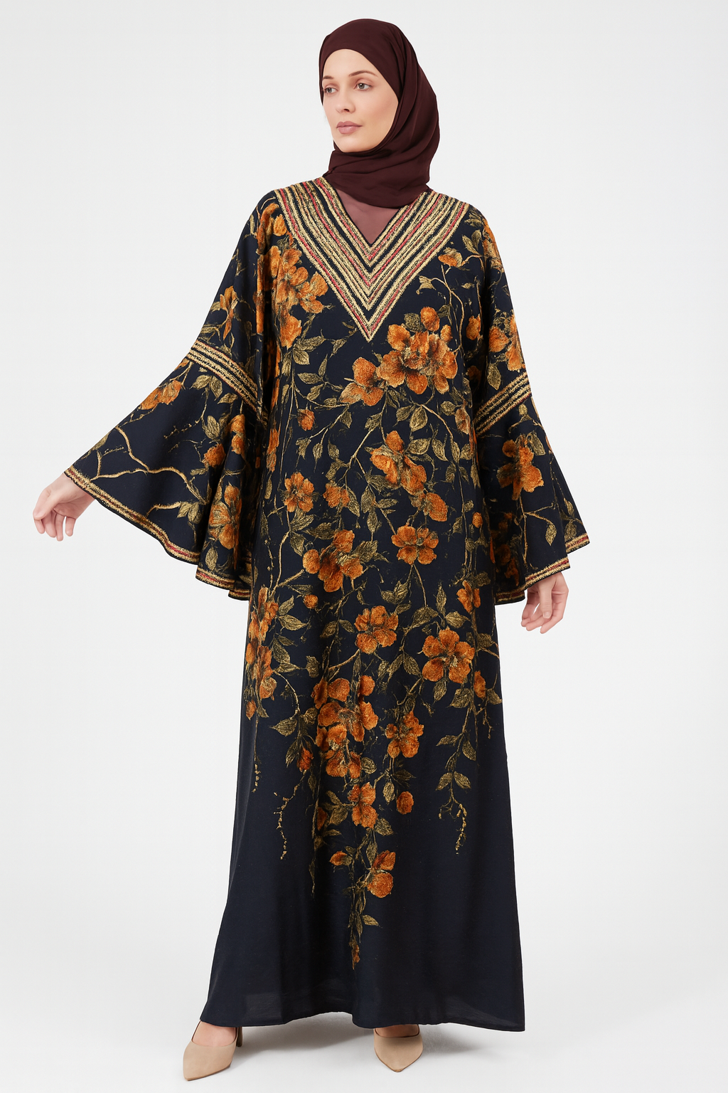 Dubai Abaya Kaftan with Rhinestone design and Neat embroidery for women