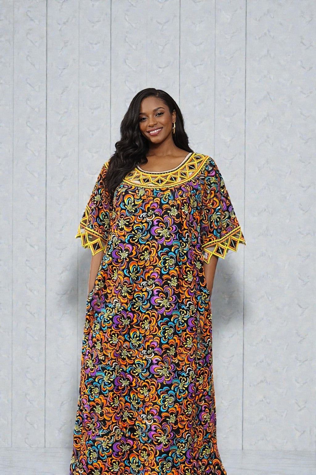 African Print Kaftan Dress for Women | Embroidered Ankara Boubou Maxi