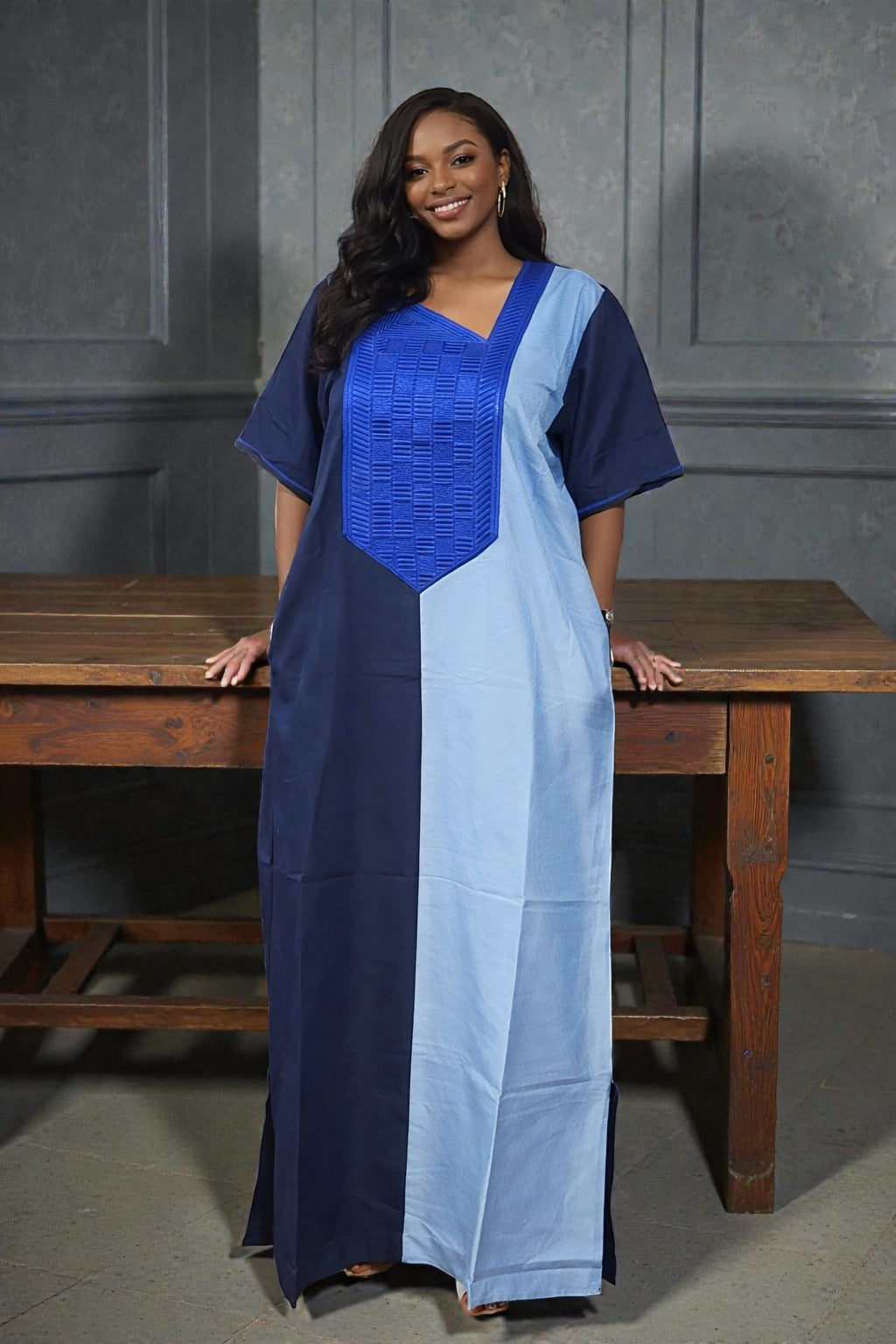 African Kaftan Dress for Women | Color Block Boubou Maxi with Embroidered V-Neck