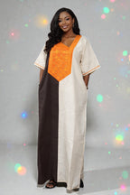 African Kaftan Dress for Women | Color Block Boubou Maxi with Embroidered V-Neck