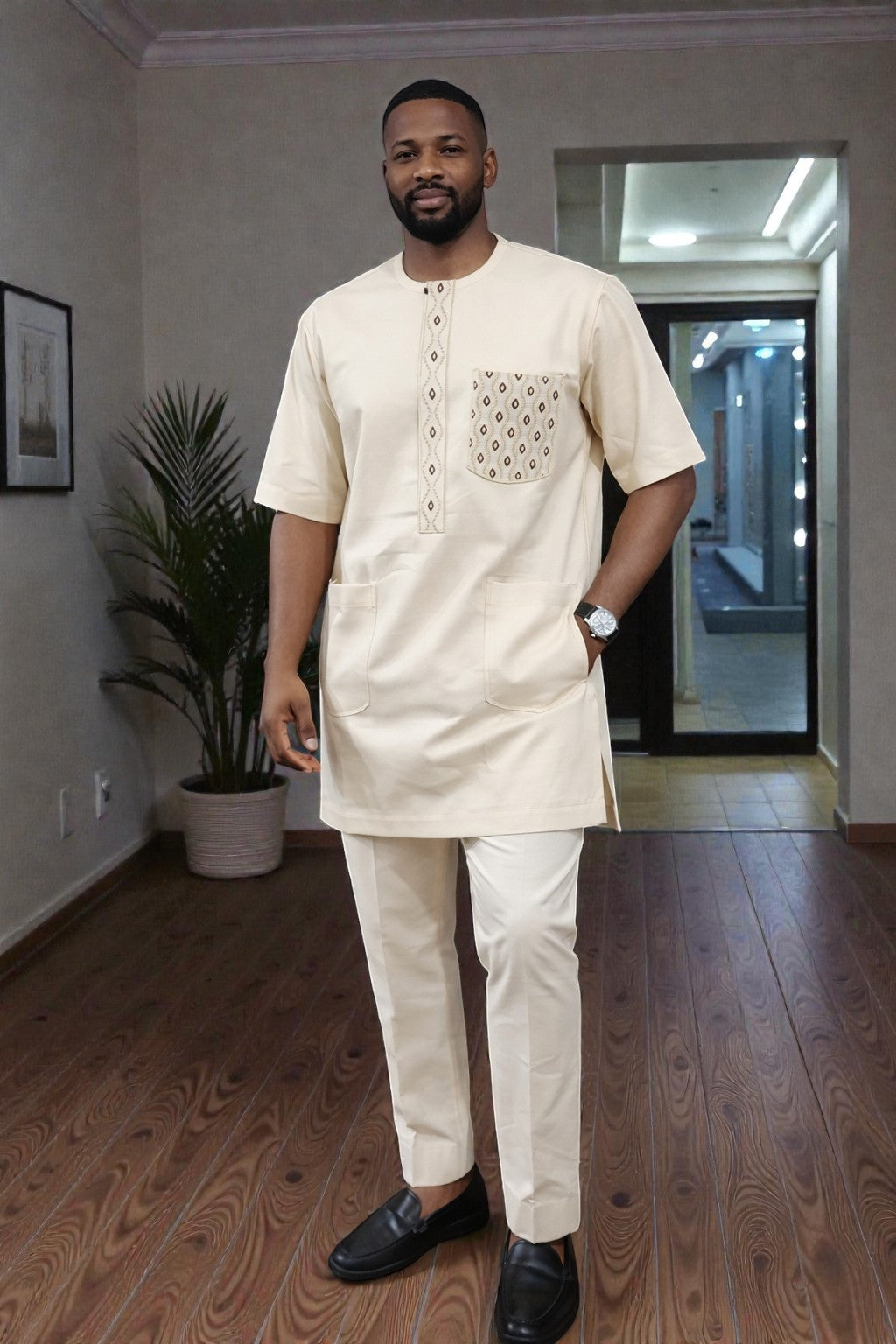 Men Danshiki Top and Pant with embroidery and neat cotton fabrics