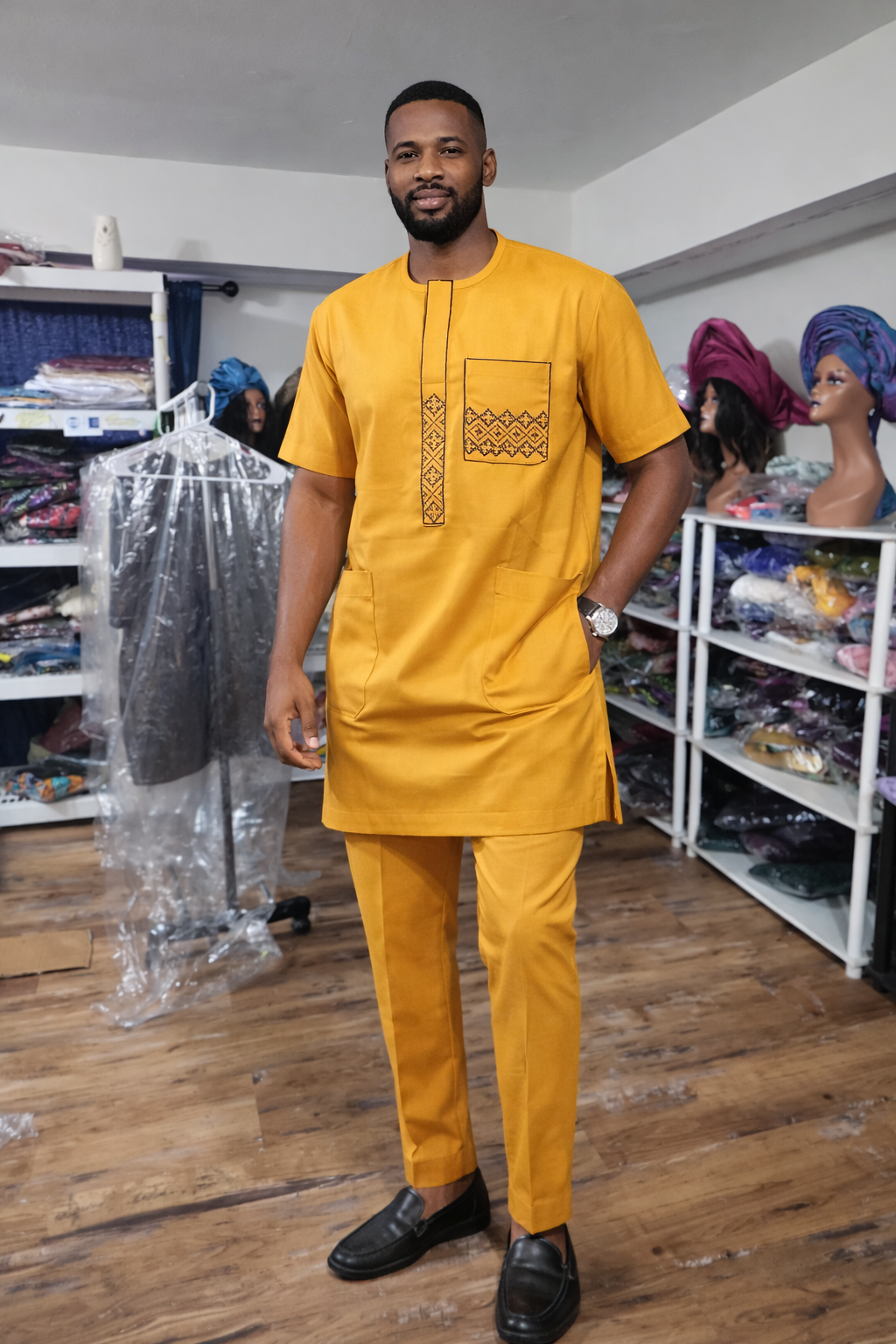 Men Danshiki Top and Pant with embroidery and neat cotton fabrics