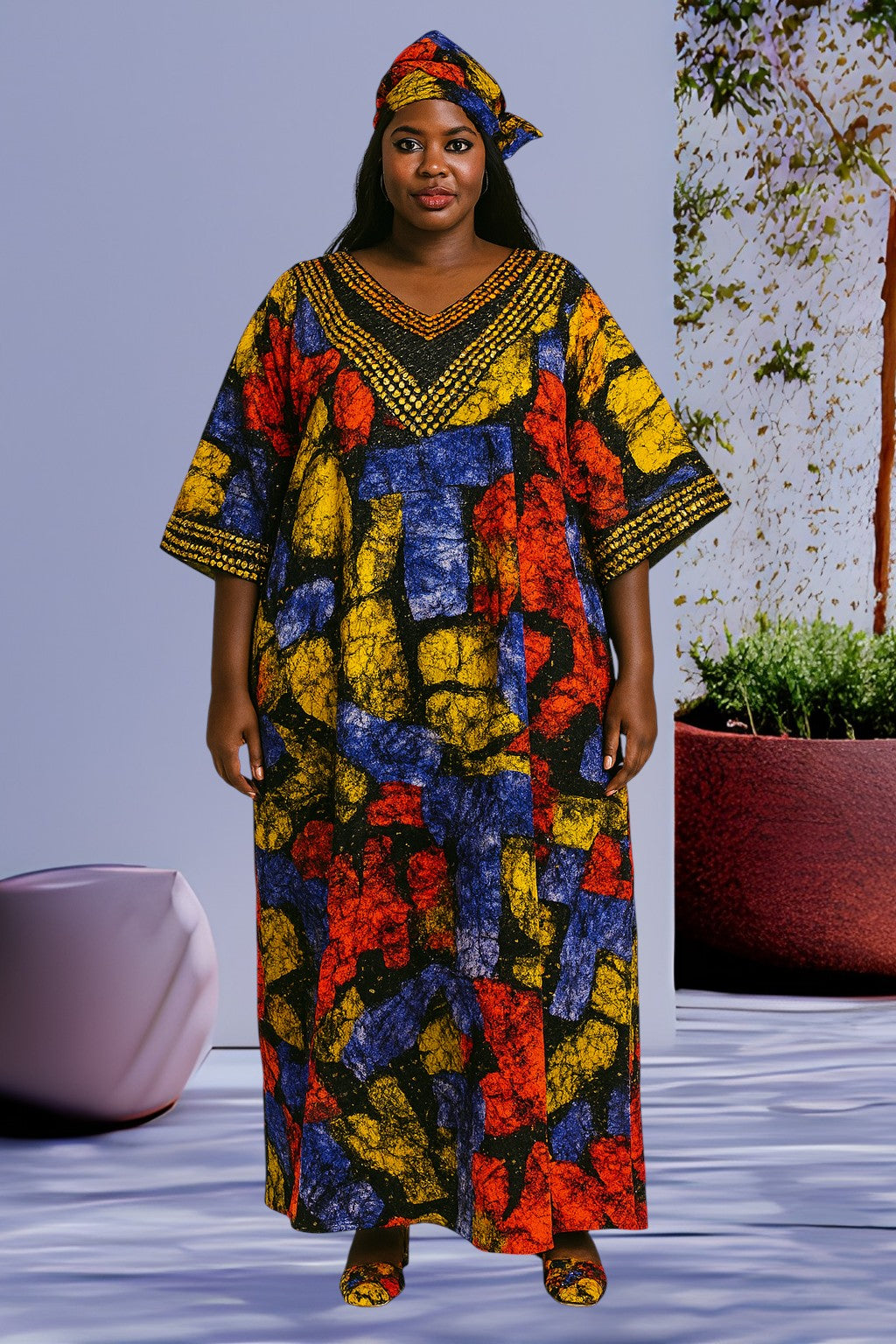 Ankara with bead and sequence design Boubou with Butterfly sleeve fully stoned. Kaftan for women