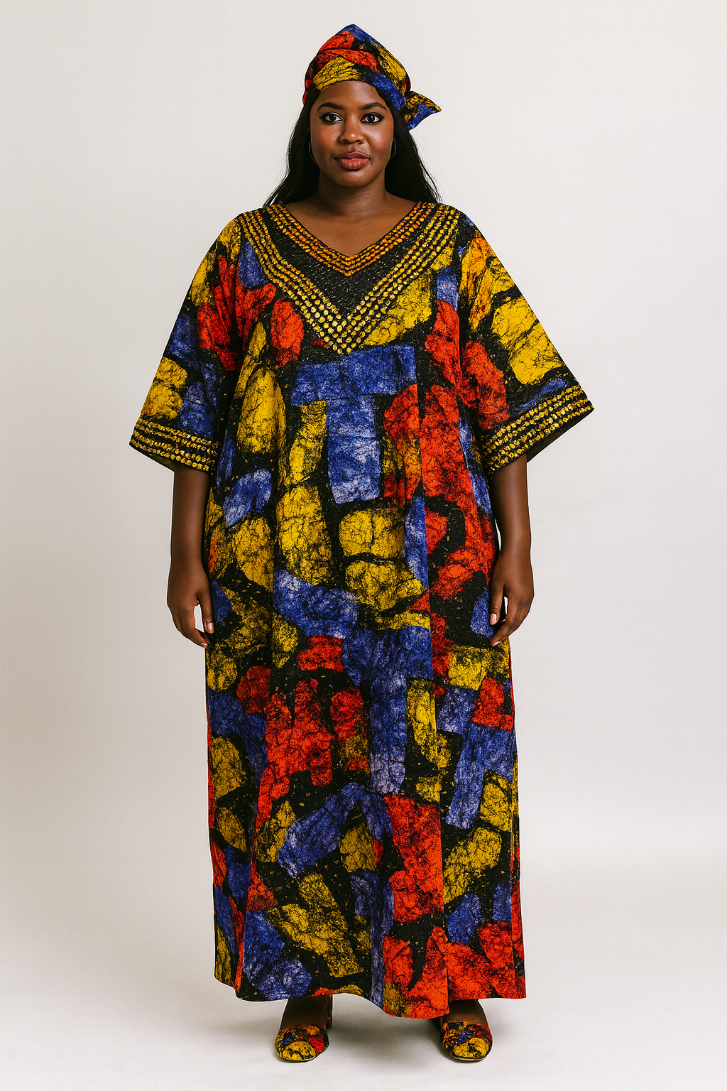 Ankara with bead and sequence design Boubou with Butterfly sleeve fully stoned. Kaftan for women
