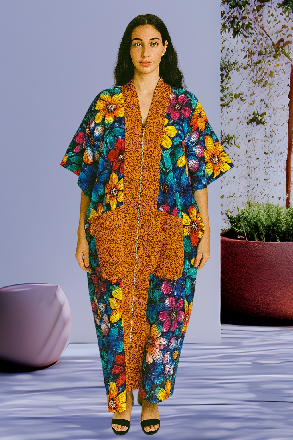 Front Zipper Ankara Boubou for women, with 2 front pockets, fully stoned.