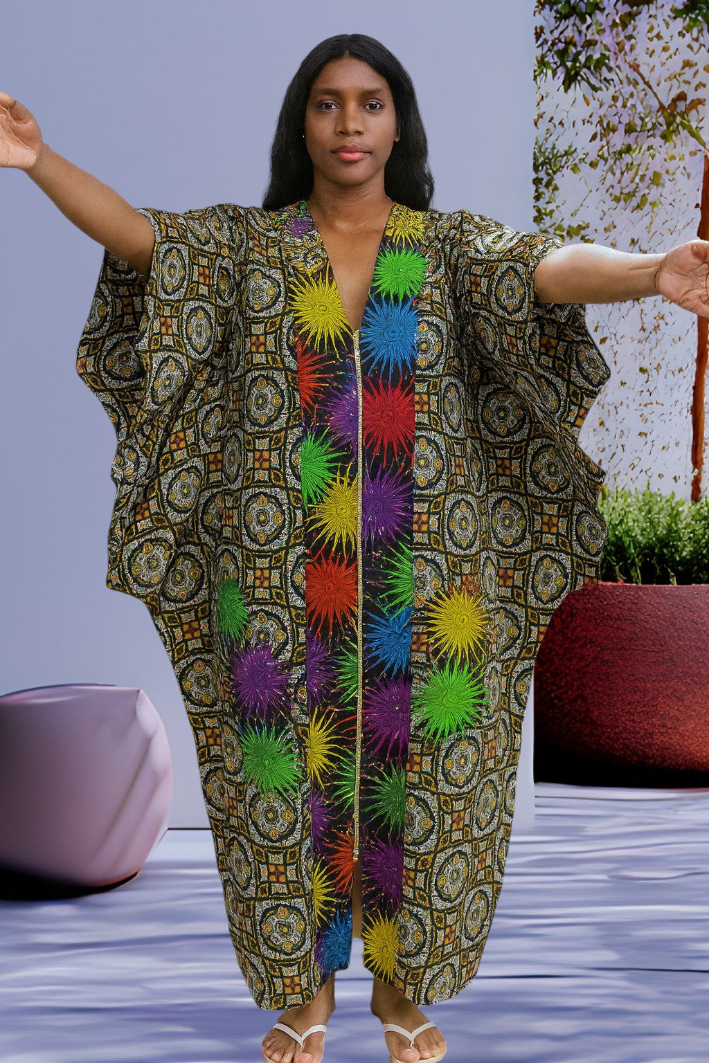 Front Zipper Ankara Boubou for women, with 2 front pockets, fully stoned.