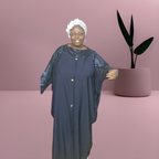 Navy Blue Long Sleeve Boubou Abaya with butterfly sleeve for women with sequence