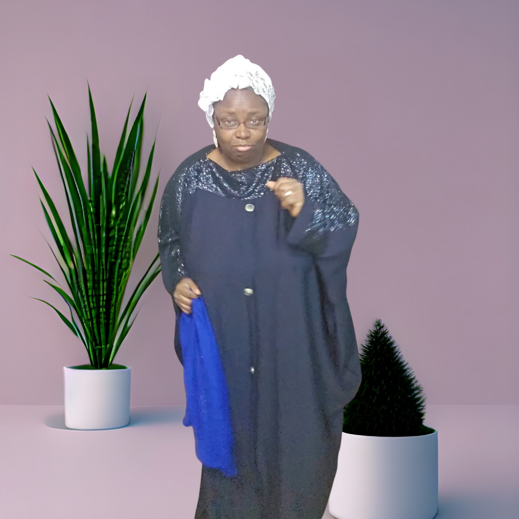 Navy Blue Long Sleeve Boubou Abaya with butterfly sleeve for women with sequence