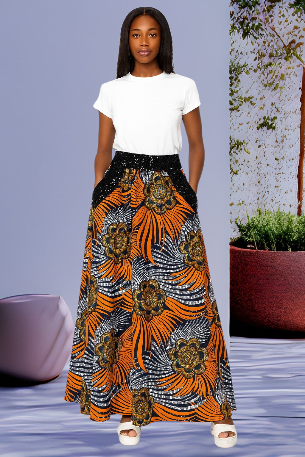 A Shaped Long Ankara Skirt for women with Sequence design.