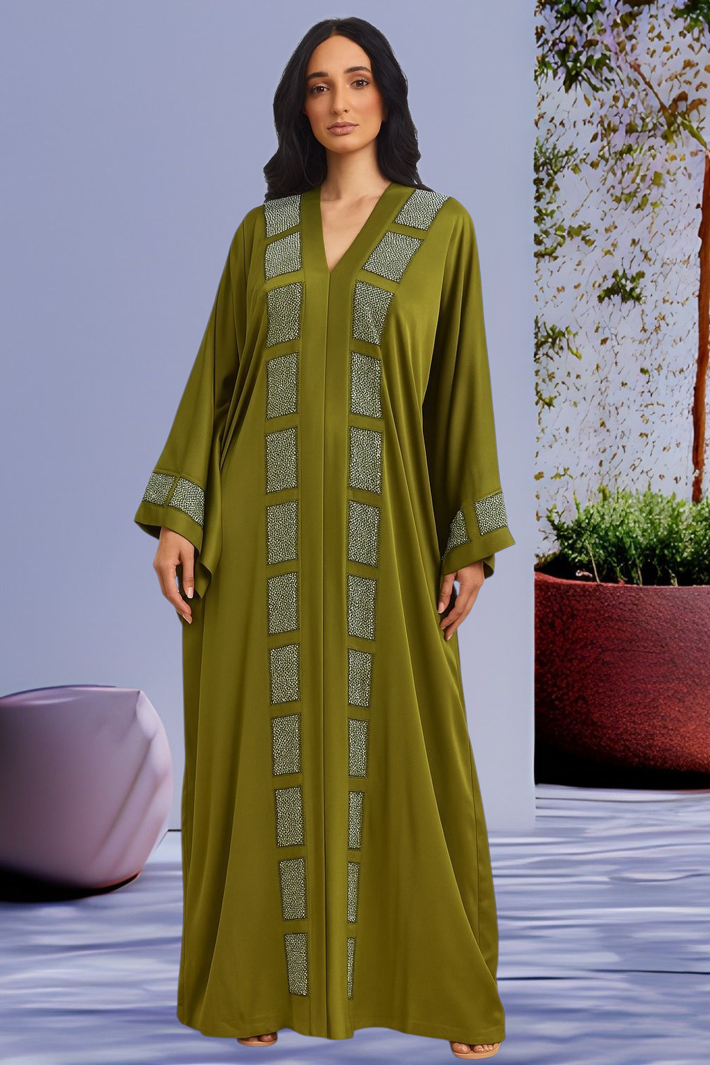Dubai Abaya Kaftan with Rhinestone design and Neat embroidery for women
