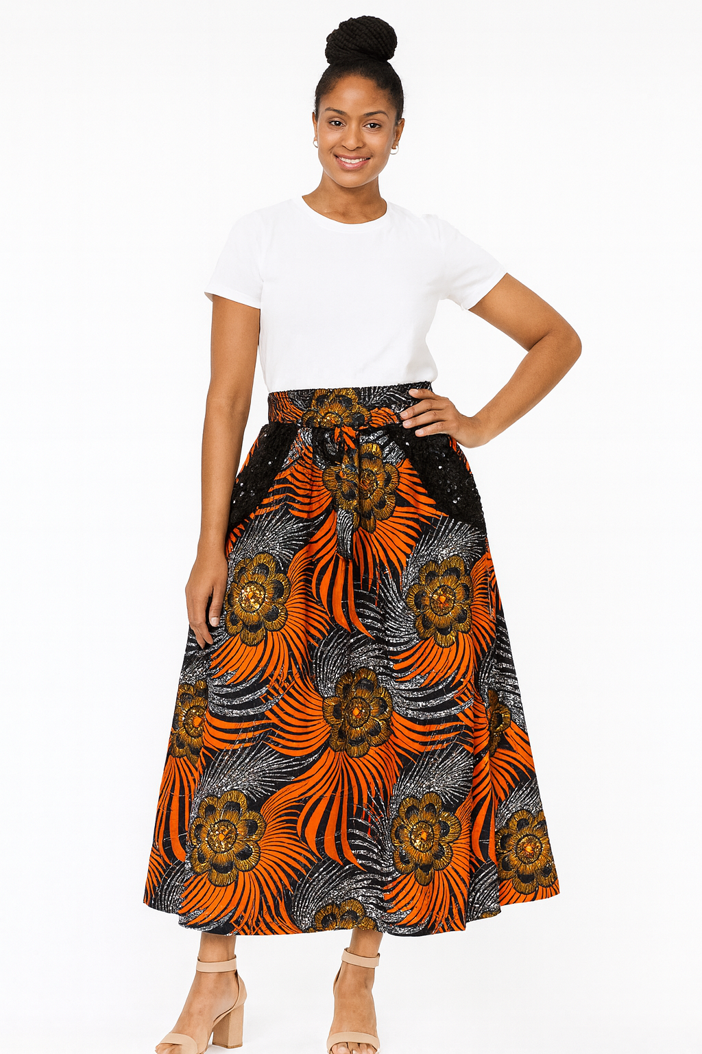 A Shaped Long Ankara Skirt for women with Sequence design.