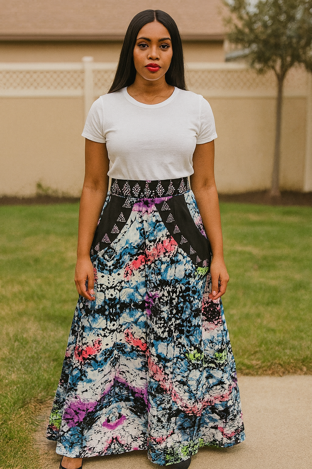 A Shaped Long Ankara Skirt for women with Sequence design.