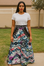 A Shaped Long Ankara Skirt for women with Sequence design.