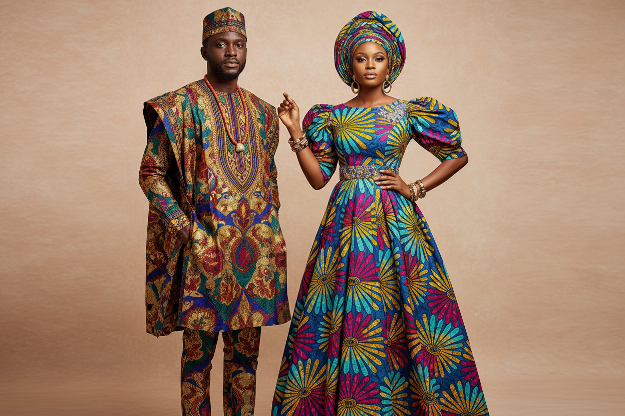 GENERATE AN IMAGE OF A MAN AND WOMAN MODEL IN A TRADITIONAL ATTIRE BASED ON THE IMAGES ON THIS SITE