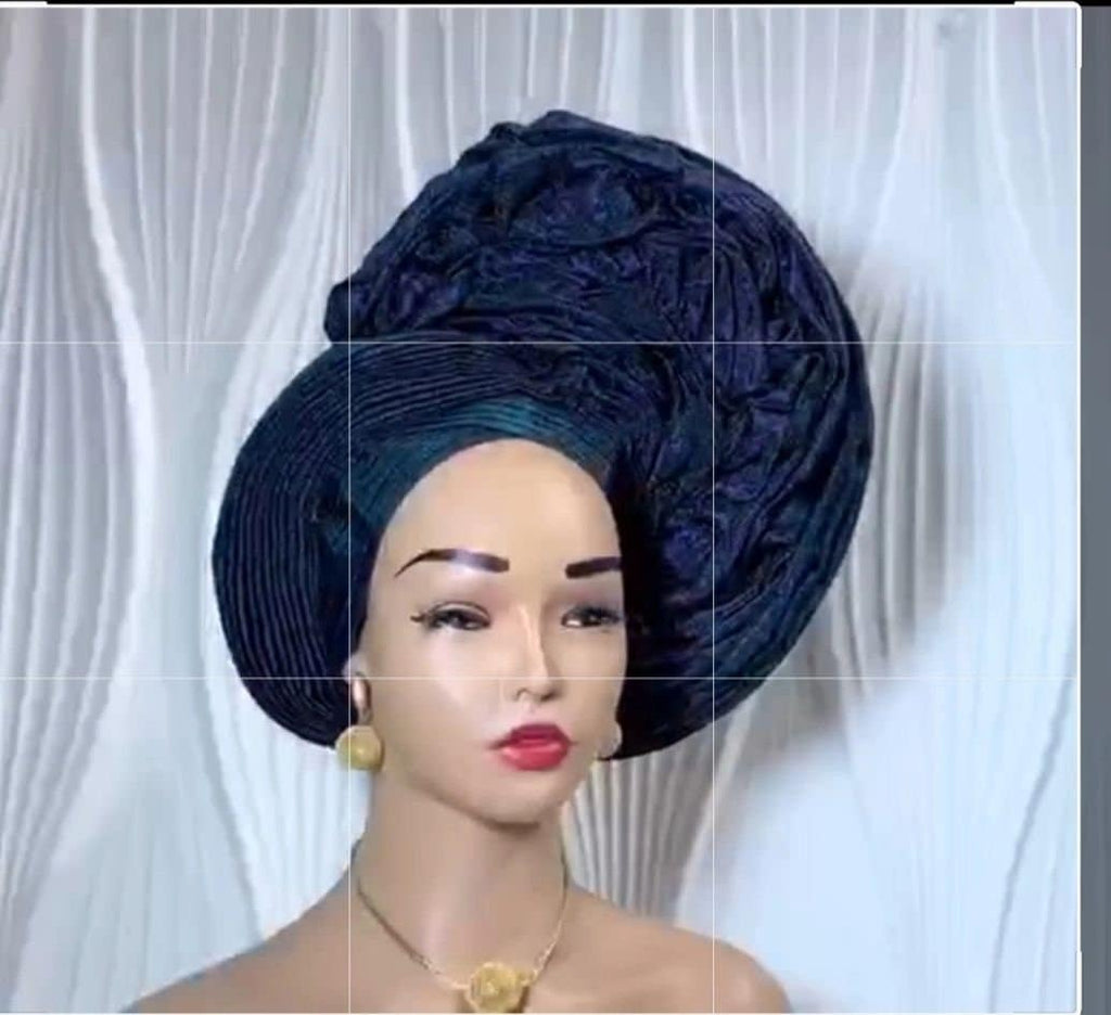 Blue Aso Oke Auto Gele with Iborun – Elegance Redefined by Jazron LLC: Home of African Fashion