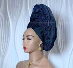 Blue Aso Oke Auto Gele with Iborun – Elegance Redefined by Jazron LLC: Home of African Fashion