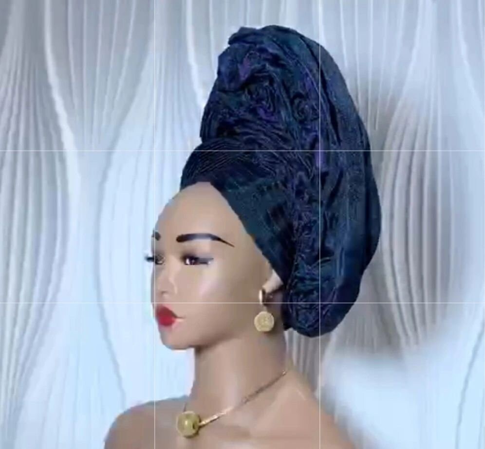 Blue Aso Oke Auto Gele with Iborun – Elegance Redefined by Jazron LLC: Home of African Fashion