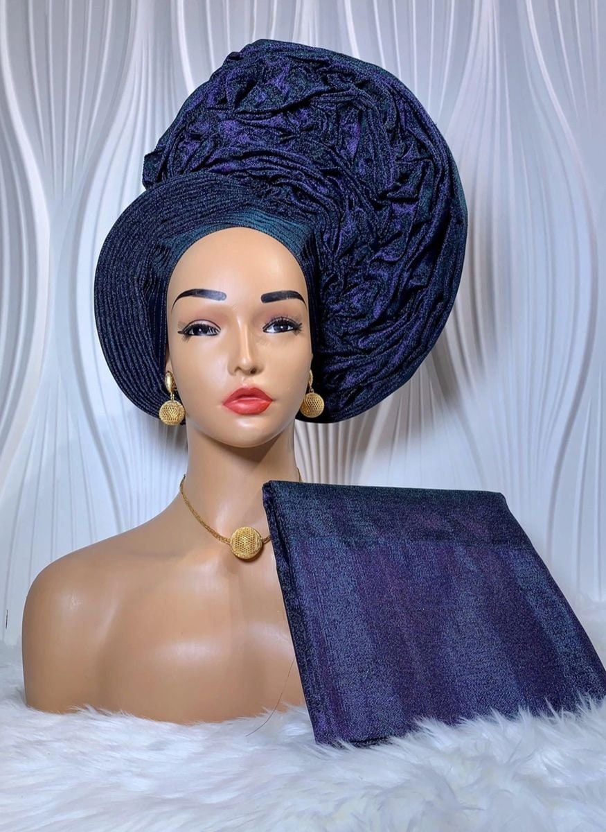 Blue Aso Oke Auto Gele with Iborun – Elegance Redefined by Jazron LLC: Home of African Fashion