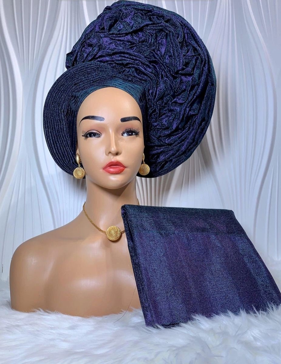 Blue Aso Oke Auto Gele with Iborun – Elegance Redefined by Jazron LLC: Home of African Fashion