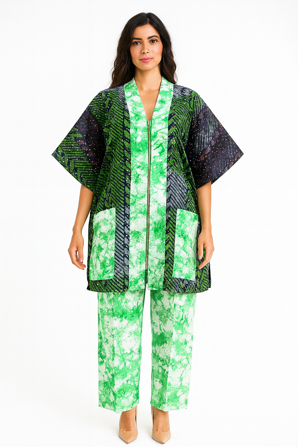 Jazron 2 Pieces Kampala Top and Pant with 2 different materials with Rhinestone design  for women