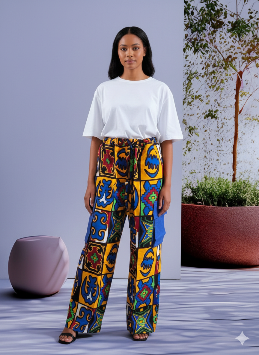 Ankara Cargo Pant for women. African Print Cotton, Elastic Waist with Band.