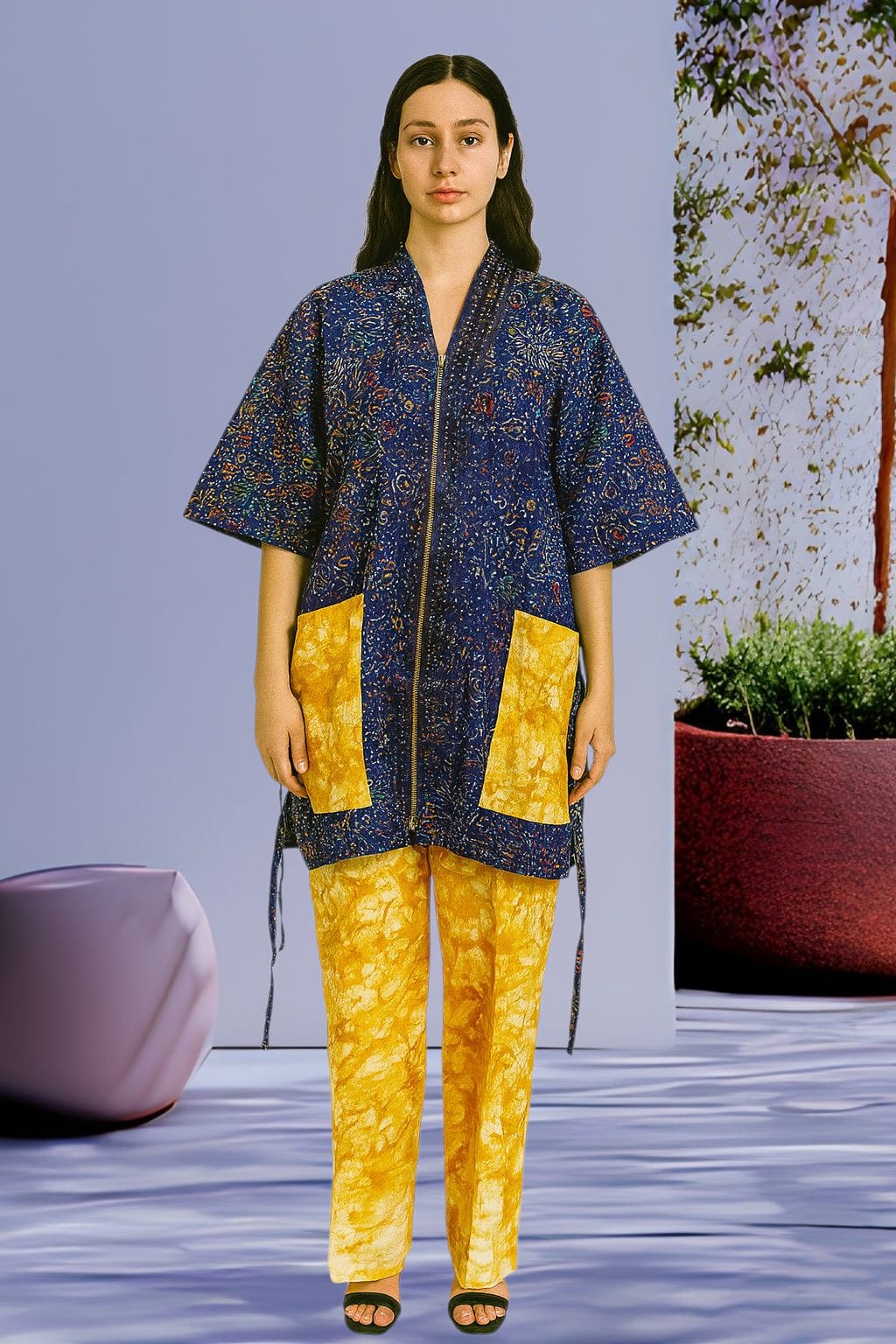 Jazron 2 Pieces Kampala Top and Pant with 2 different materials with Rhinestone design  for women